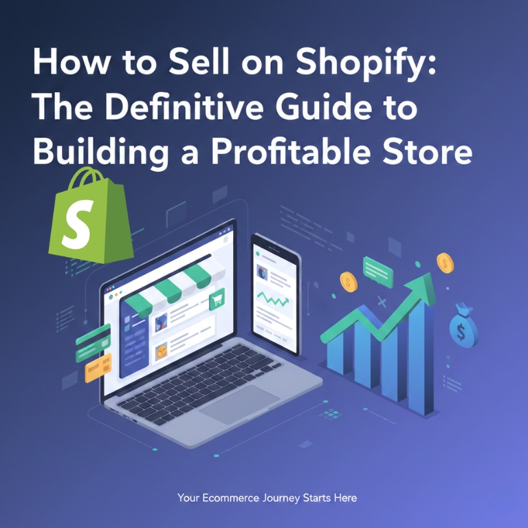 Comprehensive guide on how to sell on Shopify and build a profitable eCommerce store with growth charts and laptop illustration.
