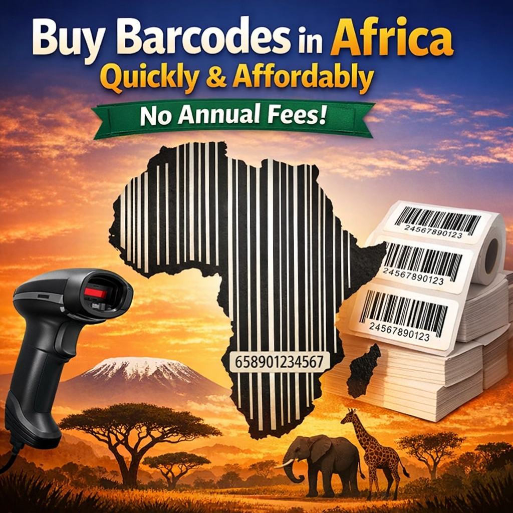 Buy barcodes in Africa quickly and affordably promotional image showing barcode-shaped Africa map, barcode scanner, and labels with no annual fees offer.