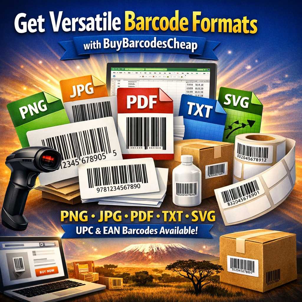 Get versatile barcode formats with BuyBarcodesCheap including PNG, JPG, PDF, TXT, SVG, UPC and EAN barcodes for online retail and physical packaging.