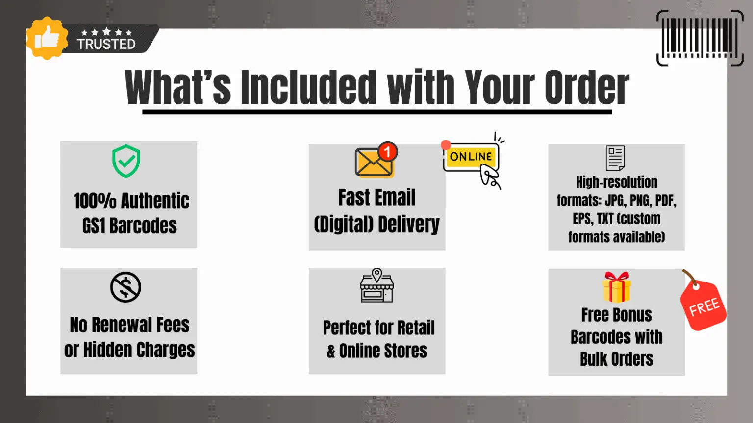 BuyBarcodesCheap order features: Authentic GS1 barcodes, fast delivery, and lifetime ownership.