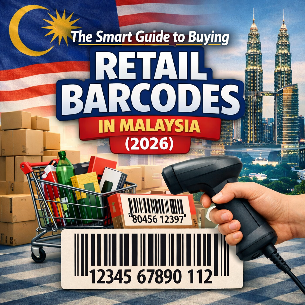 Retail barcode buying guide Malaysia 2026 with shopping cart, barcode scanner, and Kuala Lumpur skyline