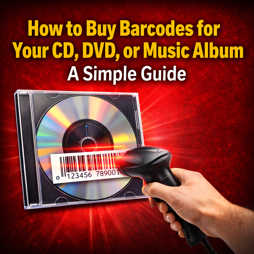 CD and DVD with UPC barcode being scanned, illustrating how to buy barcodes for a music album and prepare it for sale on retail platforms.